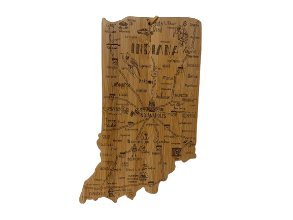 Indiana-Shaped Serving Board with Cities and Sites